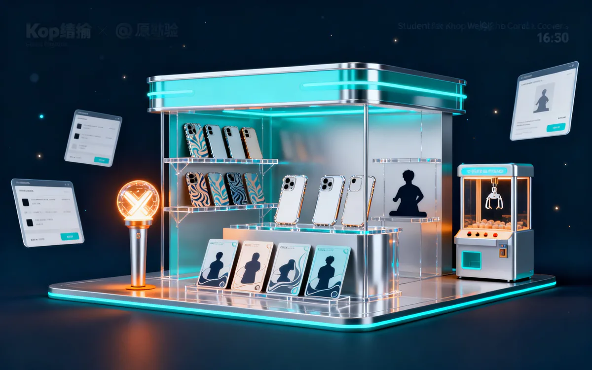 K-Pop 周边体验站的作品封面，发光展台上陈列周边和抓娃娃机